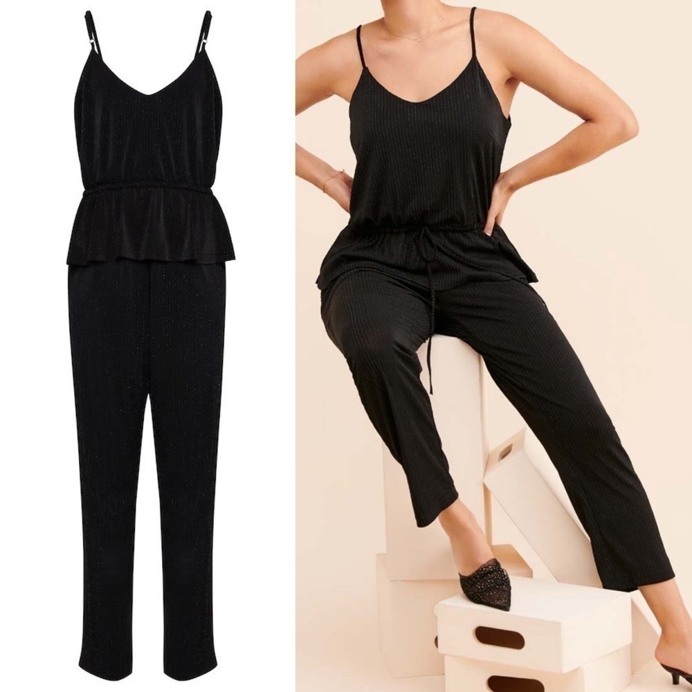 ANTHROPOLOGIE Ichi Black Flouncing About Tie-Waist Sleeveless Jumpsuit